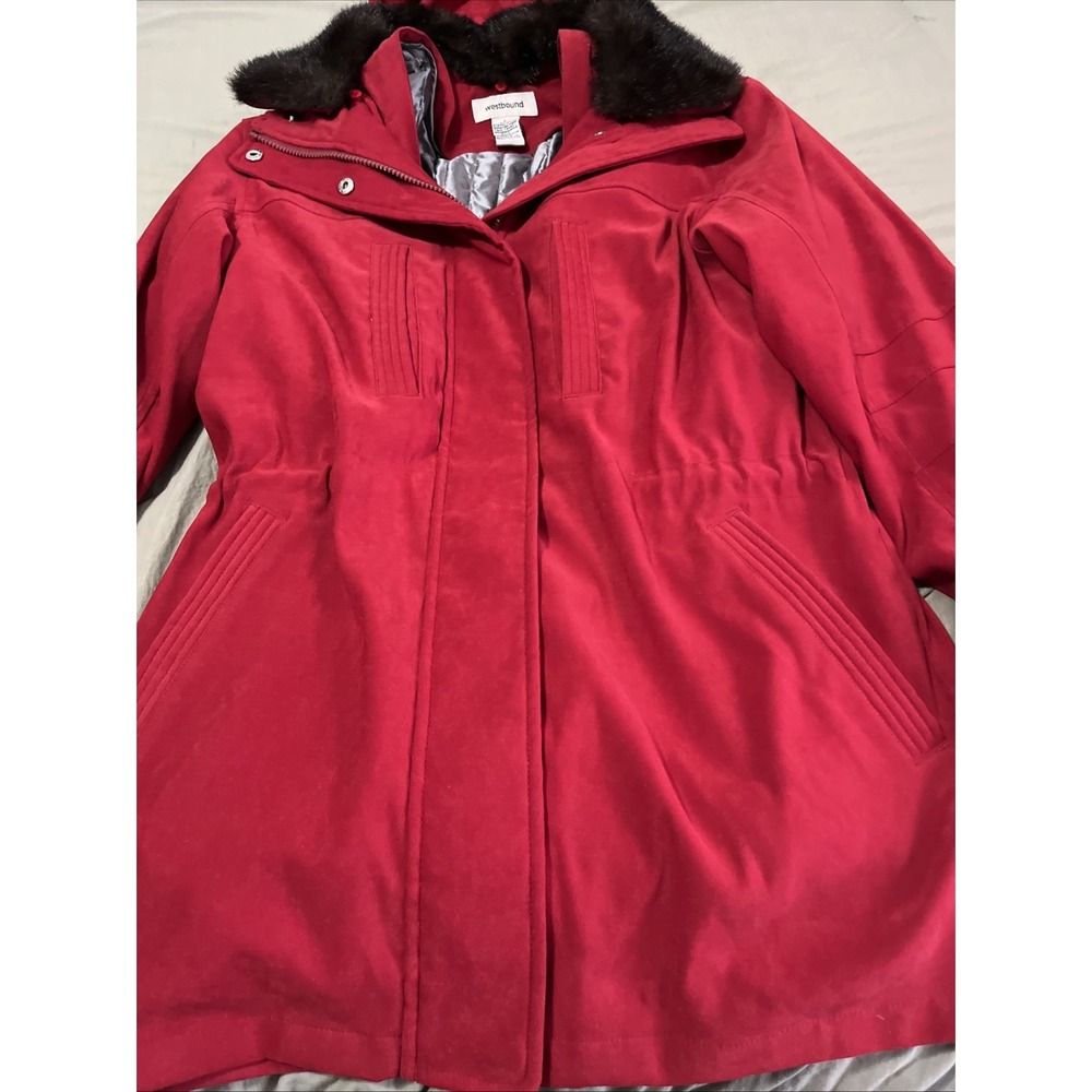 Westbound Women's Dark Red Cinched Waist Fur Collar Coat Sz S Removable Hood